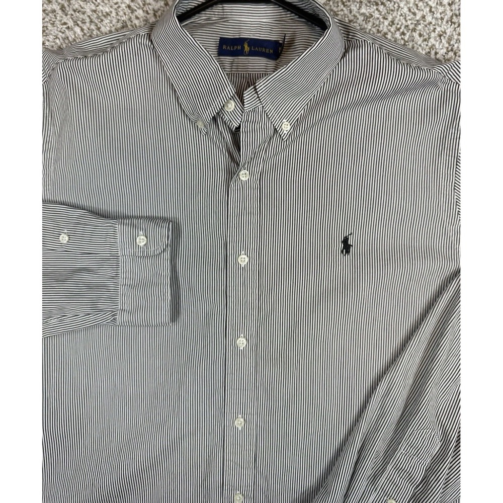 Ralph Lauren Mens XXL Slim Fit Shirt Black White Striped Cotton Long Sleeve Pony